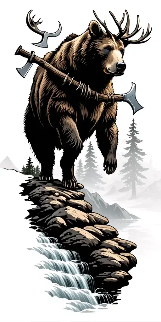 nature forest bear elk waterfall sunshine lake stream axes fire firefighter Rocky Mountains  tattoo design idea