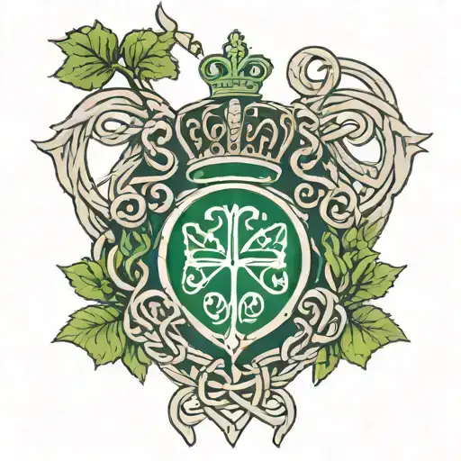 celtic knot intertwined, with maguire crest heraldry crown, gaelic script, irish landscape, claddagh symbol and shamrock tattoo design idea