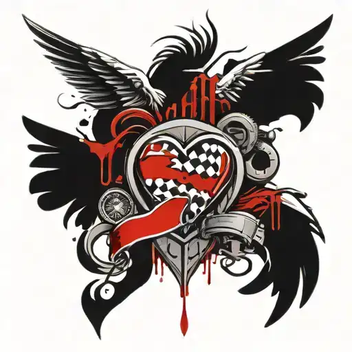 harley badge with angel wings and two wedding bands with a heart beat tattoo design idea