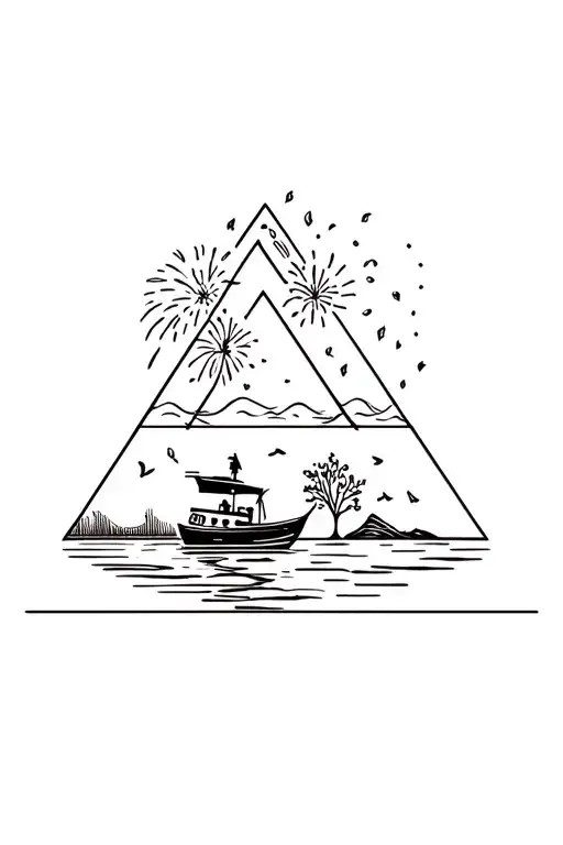 3 triangles with fireworks in one, a boat riding into a lake, and leaves falling on a tree in the other tattoo design idea