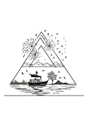 3 triangles with fireworks in one, a boat riding into a lake, and leaves falling on a tree in the other tattoo design idea
