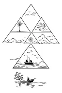 3 triangles with fireworks in one, a boat riding into a lake, and leaves falling on a tree in the other tattoo design idea