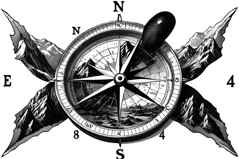 a compass with a mountain image on the dial and a wind rose, with North and the numbers 1, 10 and 24 replacing East, Sou tattoo design idea