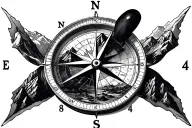 a compass with a mountain image on the dial and a wind rose, with North and the numbers 1, 10 and 24 replacing East, Sou tattoo design idea