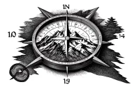a compass with a mountain image on the dial and a wind rose, with North and the numbers 1, 10 and 24 replacing East, Sou tattoo design idea
