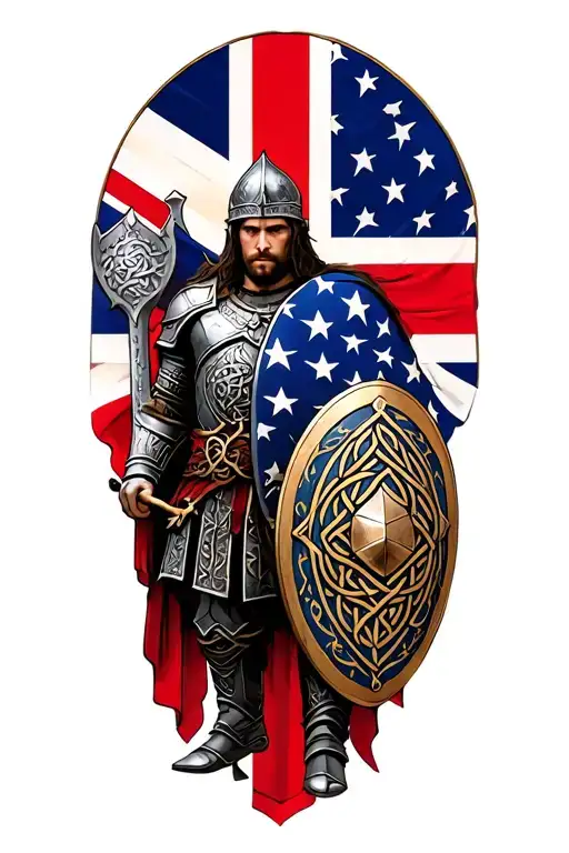warrior with sheild and Celtic knotwork below with British and American flag on shoulder tattoo design idea