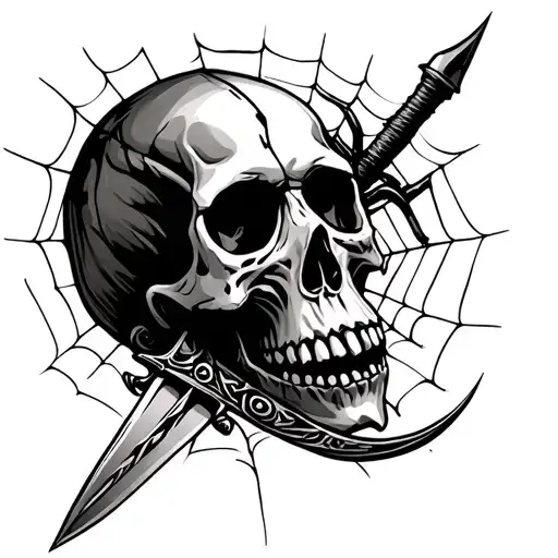 skull with single dagger and spider web realism tattoo design idea
