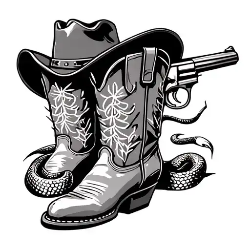 country vibe, cactus sun, cowboy boots/ hat, gun or snake maybe, black and white only and simple. no shading tattoo design idea