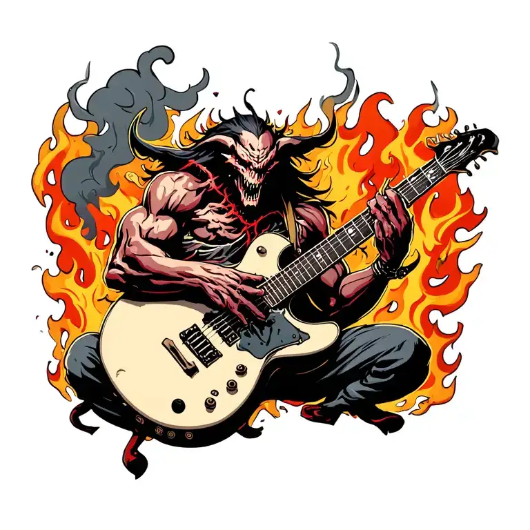 A heavy metal inspired tattoo of a demonic figure playing a guitar made of bones, with smoke and flames in the background tattoo design idea