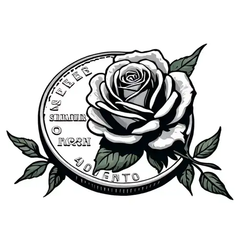 A dime, with wind turbine in the dime with a single rose tapped around the dime  tattoo design idea