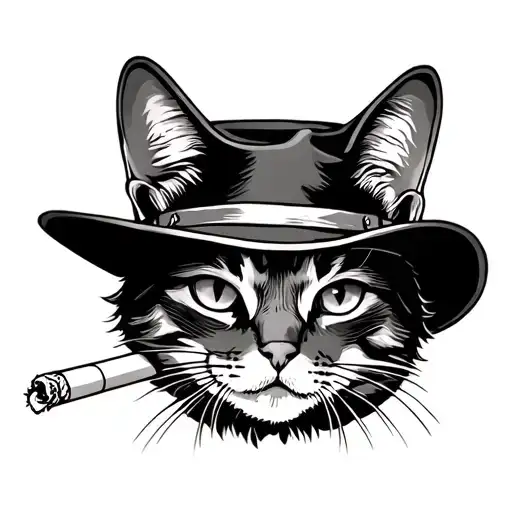 Cat with a cowboy hat, smoking a cigarette tattoo design idea