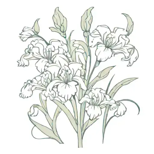 bouqet of flowers made from carnations, iris and snowdrops flowers tattoo design idea