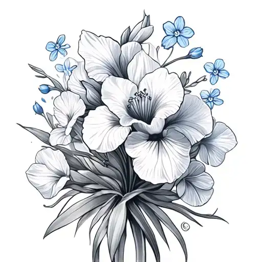 mix of flowers iris forgetmenots daffodils and sweet peas tattoo for passed loved one tattoo design idea