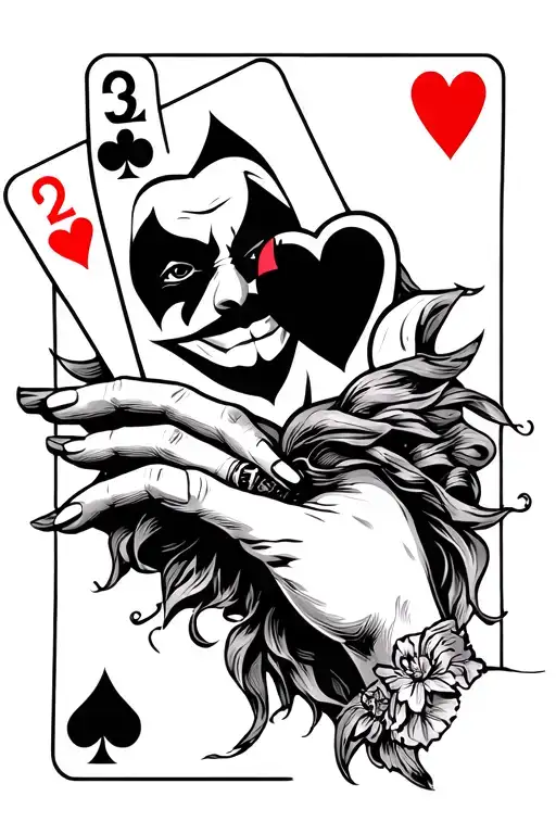 hand holding a joker card, 2 of hearts, and a 3 of hearts tattoo design idea