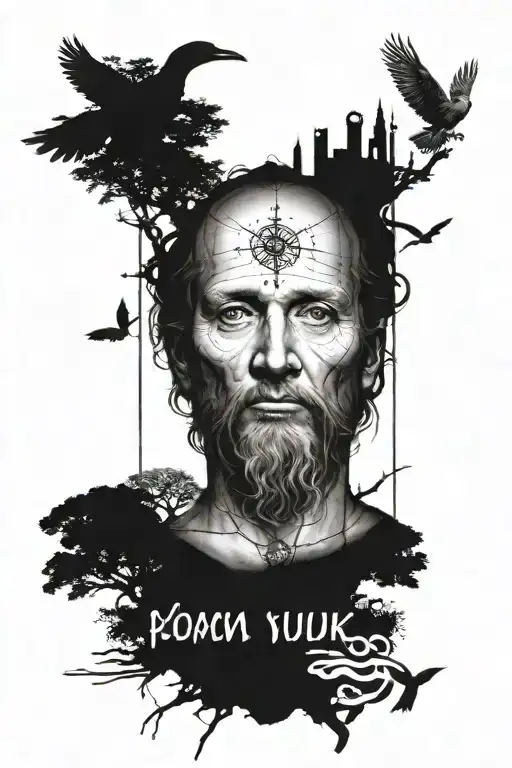 forearm tattoo Leonardo da Vinci with fine line symbols, tree, Africa, cross birds and writing tattoo design idea