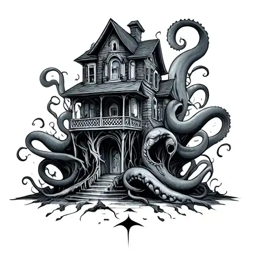 Trap house with tentacles coming out tattoo design idea