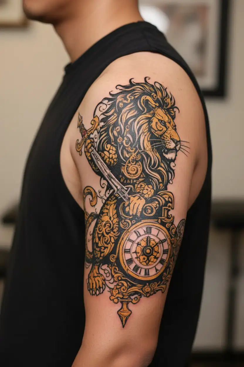 Punjab map with a sword, Lion roaring, Letter G clef mixed, Timepiece, Full arm tattoo design idea