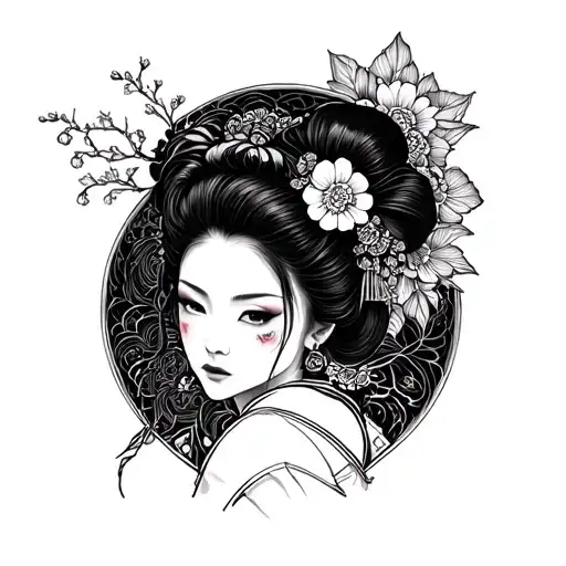 geisha nera stile blackwork, Urban e underground tattoo design idea