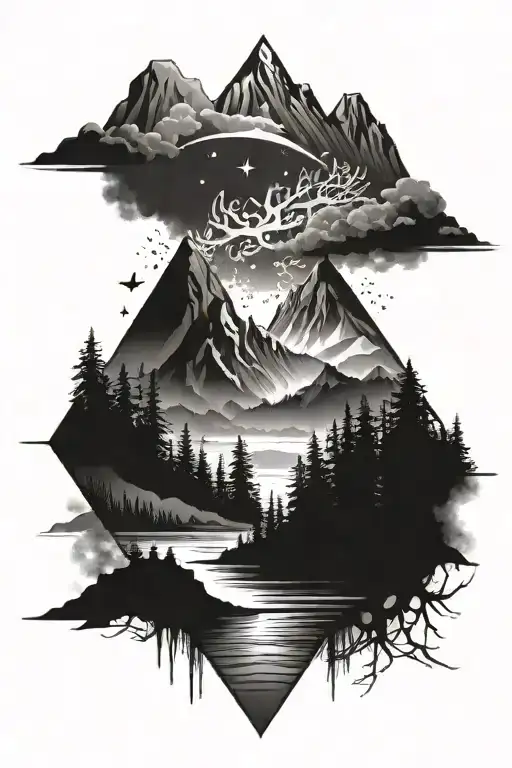 ocean, forest, mountain, north star tattoo design idea
