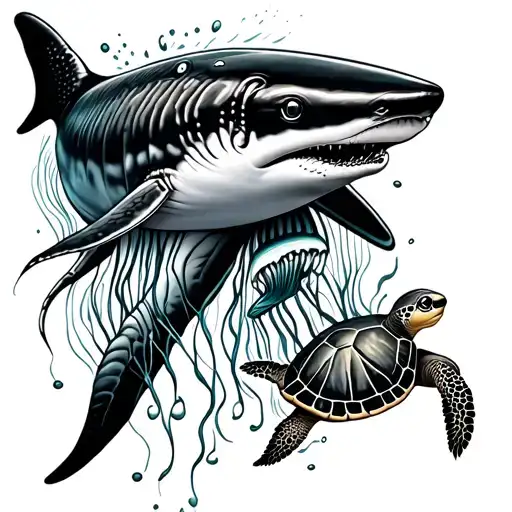 line tattoo featuring a whale shark, jellyfish  and turtle swimming tattoo design idea