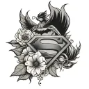 Get a super sweet tattoo that juxtaposes the superman logo and batman emblem with some sweet flowers and birds. tattoo design idea