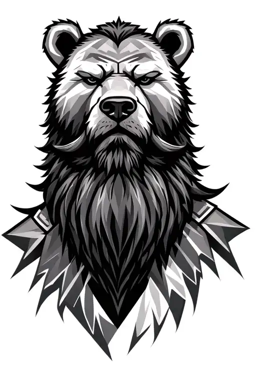 viking mans face with geometric beard wearing a bears head. tattoo design idea