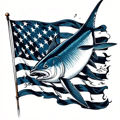 realistic blowing blue marlin on the flag tattoo tattoo design idea