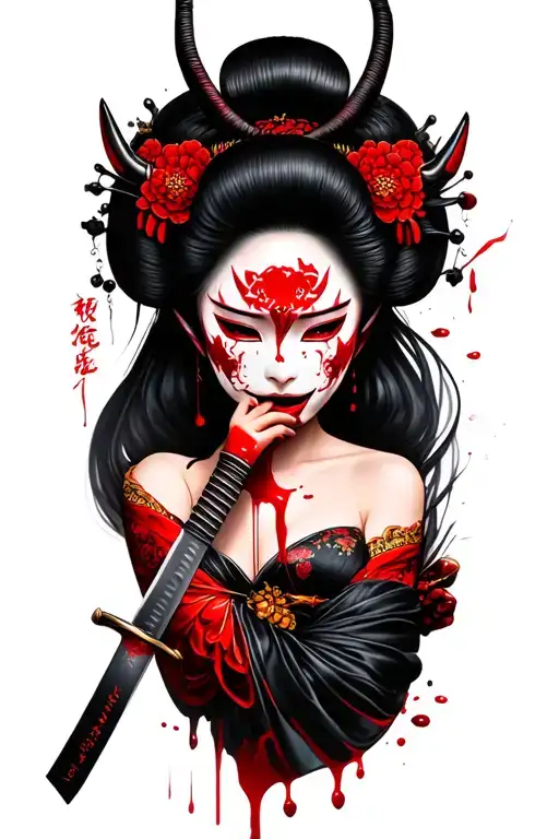 Geisha with broken oni mask licking blood off of katana tattoo design idea