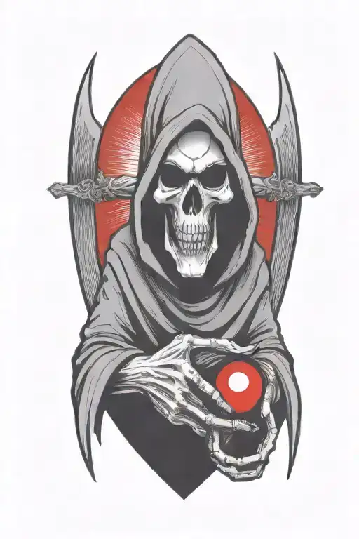grim reaper holding a red pill capsule tattoo design idea