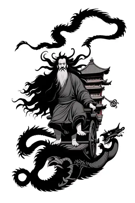 Japanese monk with long hair and long beard being carried in a chariot carried by three dragons and a temple in the back tattoo design idea