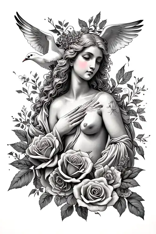 Beautiful aphrodite with doves and rose tattoo design idea