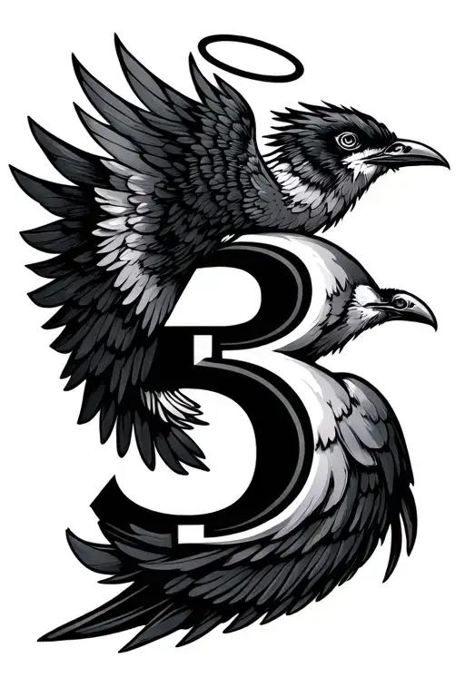 the number 3 in bewteen bird wings with a halo hovering the number three tattoo design idea