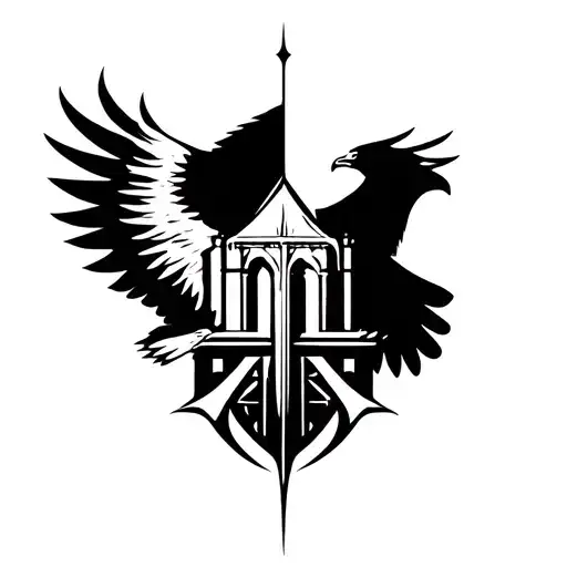 Assasins creed icon with brotherhood building inside and eagle flying above tattoo design idea