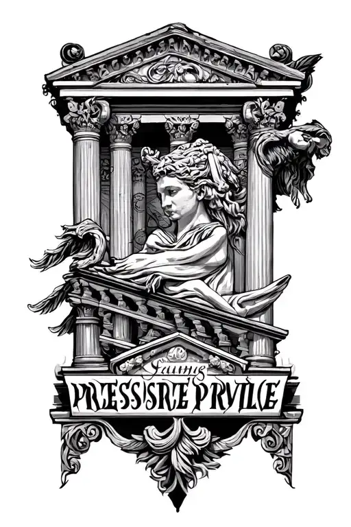 greek style mythological arhitecture, saying pressure is a privilege tattoo design idea