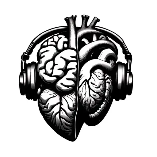 brain heart and half headphone on the brain side  tattoo design idea