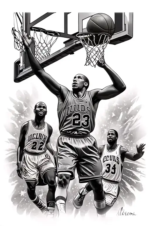 Michael Jordan dunking blended with other legendary basketball players for a sleeve tattoo design idea