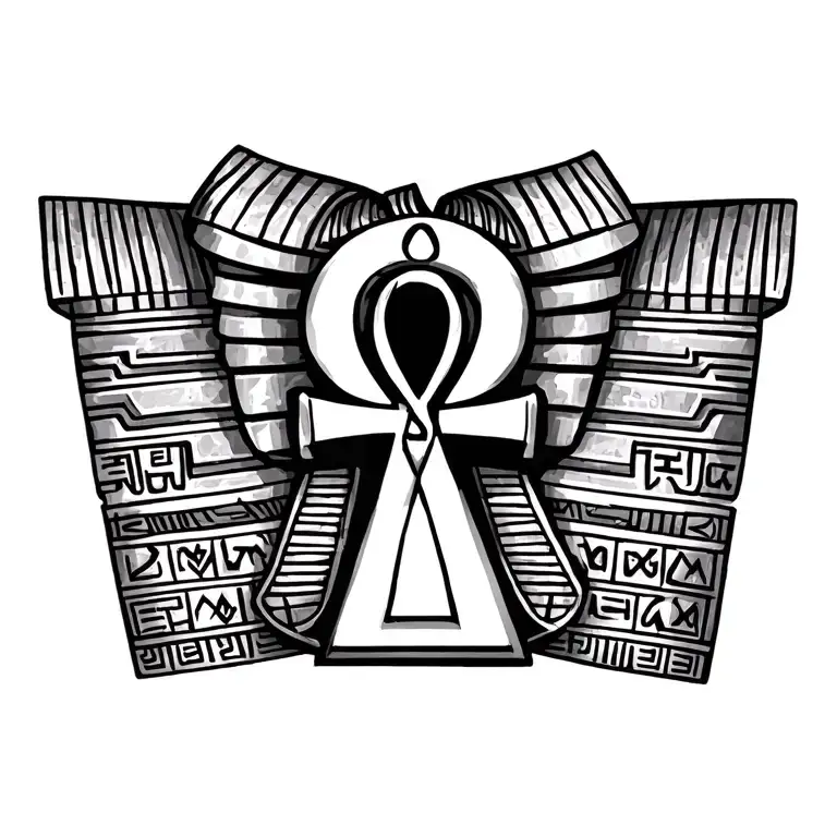An ankh gothic style with in the loop: ᛋᚨ ᛖᚾ ᚨᚾᚢᚾᚨᚲᛁ And in the arms and stole the egyptian symbols for Thoth is with us tattoo design idea