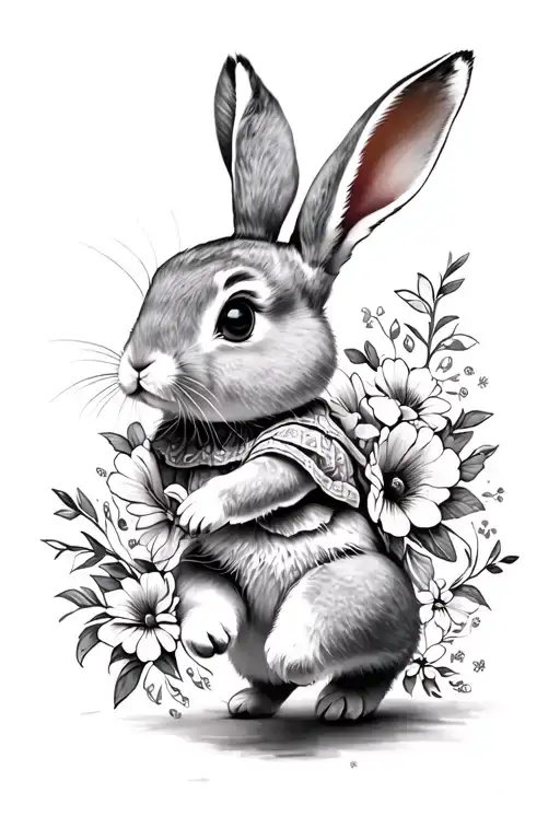 girly bunny running tattoo with flowers  tattoo design idea