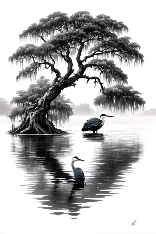 cypress tree with Spanish moss surrounded by water with a heron perched in the water tattoo design idea
