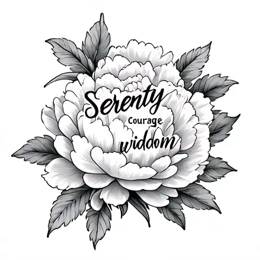 peony flowers with the words serenity courage wisdom tattoo design idea