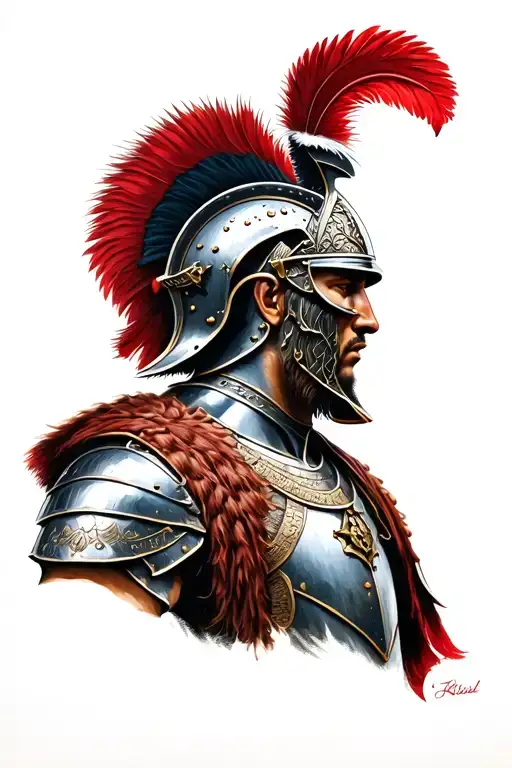 “Realistic tattoo design. On one side, a detailed Roman soldier, with shiny armor, a helmet adorned with red feathers an tattoo design idea