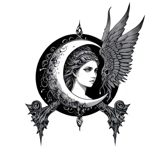 Goddes Artemis Bow and Moon tattoo design idea