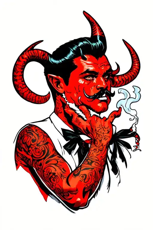 Traditional, male pin up devil with red skin, black mutton chops, black quiff, ahtletic, no sixpack, smokes, bikinishort tattoo design idea