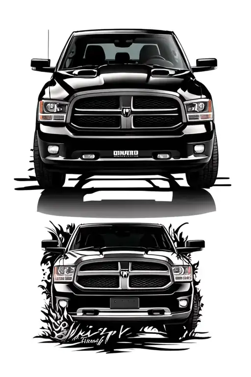 black 2010 dodge charger rt and a black 2015 Ram 1500 outlined next to each other  tattoo design idea
