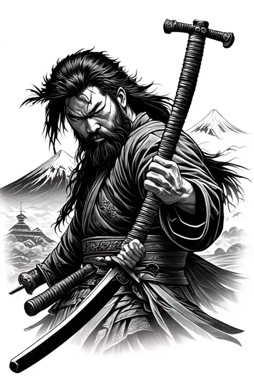 Japanese Ronin wielding a katana with Mount Fuji in the background tattoo design idea