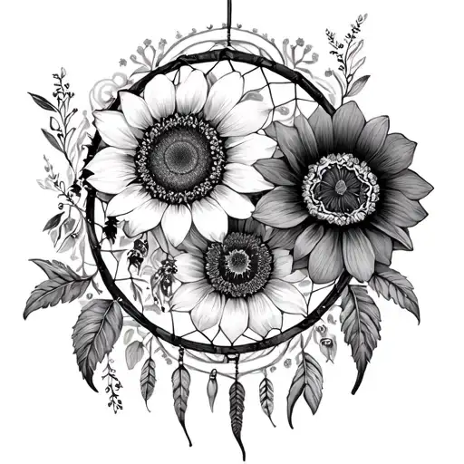 Mandala dream catcher, sunflower, poppy, forget me not flowers, bee tattoo design idea