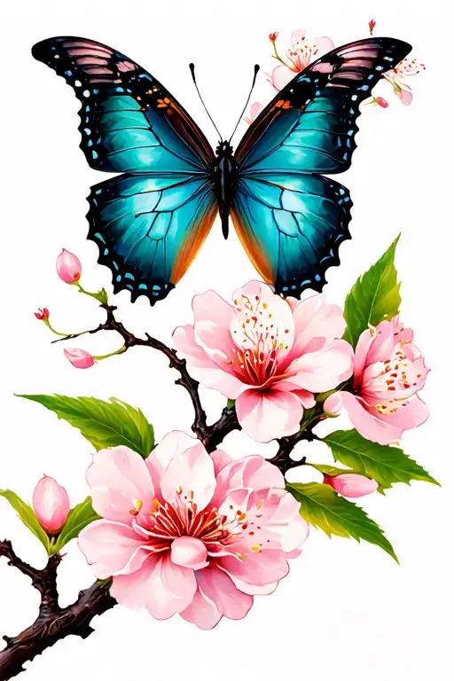Japanese cherry branch with butterfly tattoo design idea