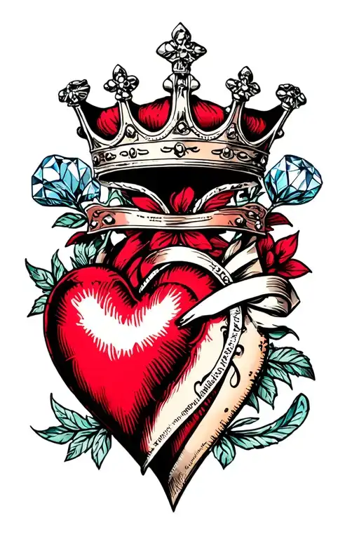 crown heart inscription diamond tattoo design idea