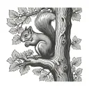 a squirrel climbing an oak tree. the tree has acorns growing on it tattoo design idea