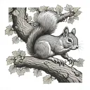 a squirrel climbing an oak tree. the tree has acorns growing on it tattoo design idea